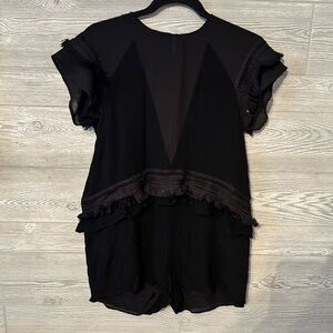 4SI3NNA Fringe black mesh sheer vneck romper black‎ size large
